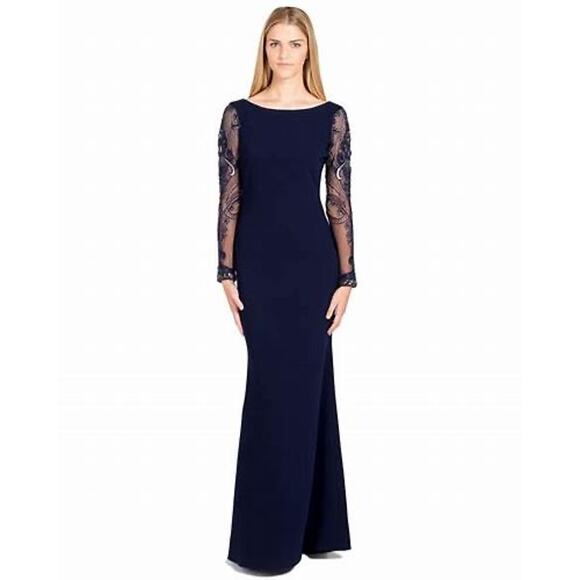 Badgley Mischka Dresses & Skirts - Badgley Mischka Navy Blue Beaded Long Sleeve Bateau Neck Train Gown Size 12